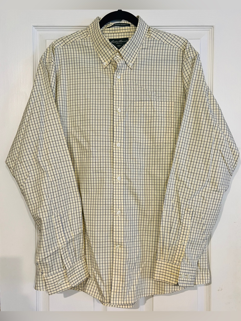 NWT Eddie Bauer Mens Yellow Check Cotton Button-Up Shirt Wrinkle Resistant L
